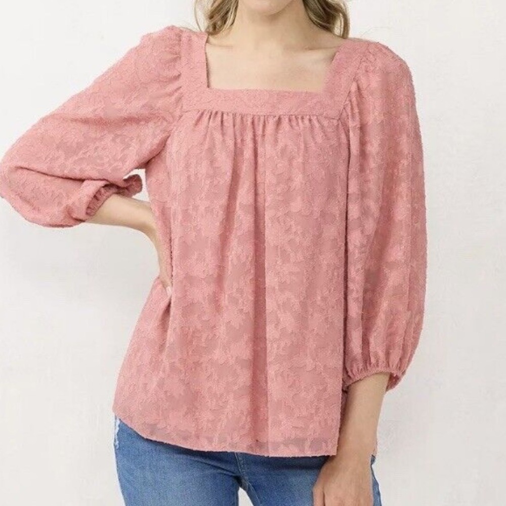 NWT LC Lauren Conrad Jacquard Square Neck Lace Peasant Top - Picture 1 of 6